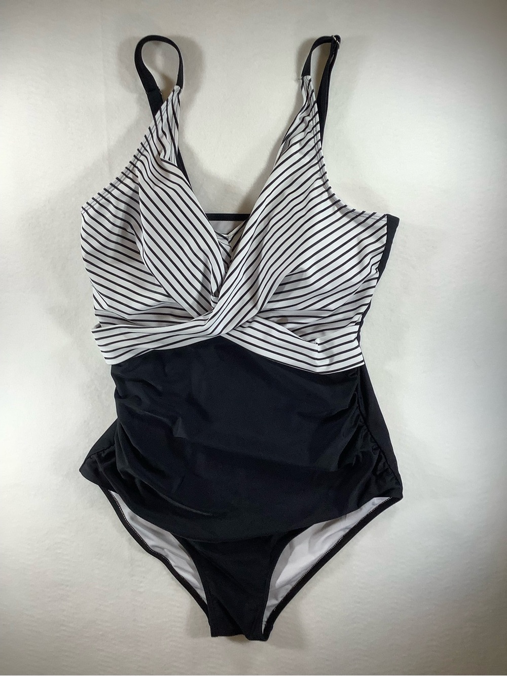 Striped Twist-Front One-Piece Swimsuit in Black and White